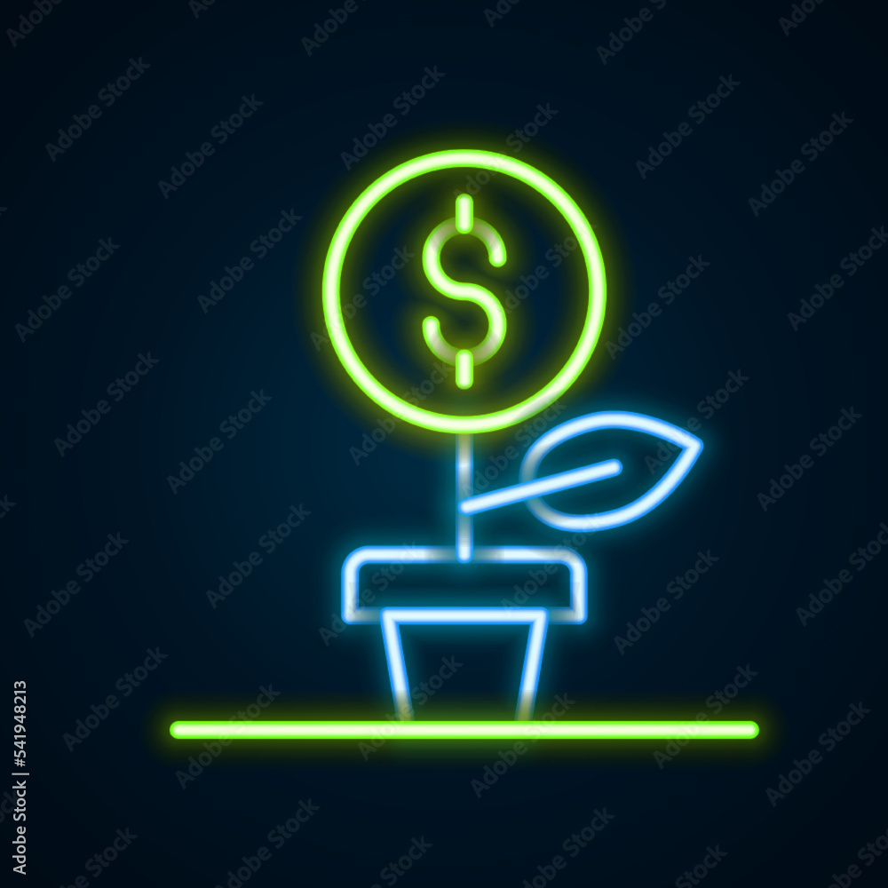 Glowing neon line Dollar plant icon isolated on black background. Business investment growth concept. Money savings and investment. Colorful outline concept. Vector Glowing neon line Dollar plant icon isolated on black background. Business investment growth concept. Money savings and investment. Colorful outline concept. Vector