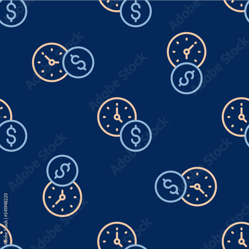Line Time is money icon isolated seamless pattern on blue background. Money is time. Effective time management. Convert time to money. Vector
