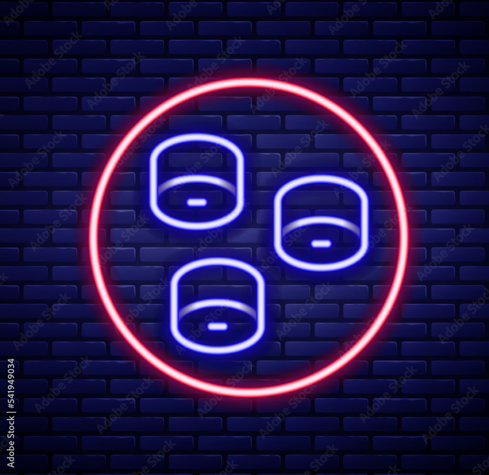 Glowing neon line Sushi icon isolated on brick wall background. Traditional Japanese food. Colorful outline concept. Vector Glowing neon line Sushi icon isolated on brick wall background. Traditional Japanese food. Colorful outline concept. Vector