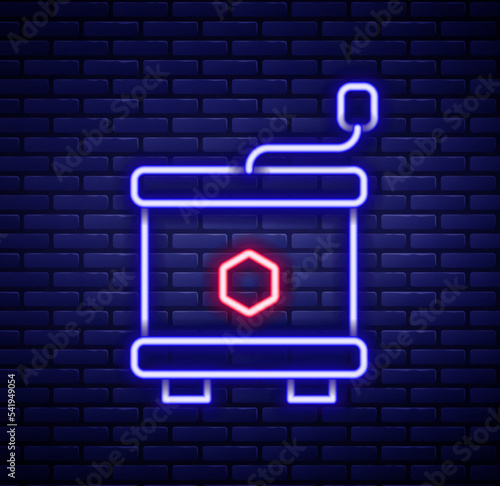 Glowing neon line Honey extractor icon isolated on brick wall background. Mechanical device for honey extraction from honeycombs. Colorful outline concept. Vector
