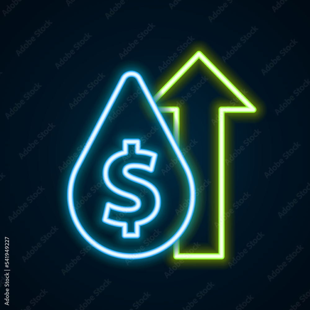 Glowing neon line Oil price increase icon isolated on black background. Oil industry crisis concept. Colorful outline concept. Vector Glowing neon line Oil price increase icon isolated on black background. Oil industry crisis concept. Colorful outline concept. Vector