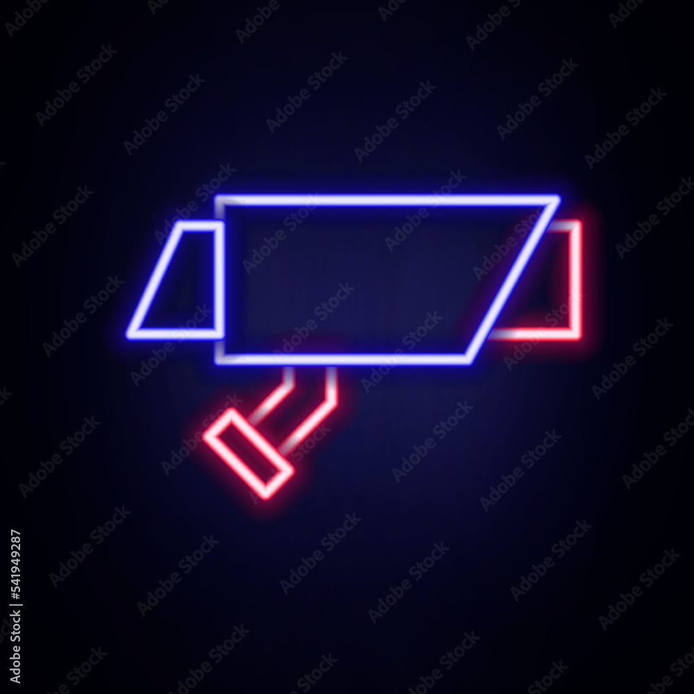 Glowing neon line Security camera icon isolated on brick wall background. Colorful outline concept. Vector