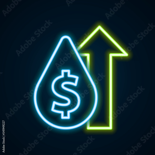 Glowing neon line Oil price increase icon isolated on black background. Oil industry crisis concept. Colorful outline concept. Vector