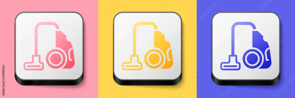 Isometric Vacuum cleaner icon isolated on pink, yellow and blue background. Square button. Vector Isometric Vacuum cleaner icon isolated on pink, yellow and blue background. Square button. Vector