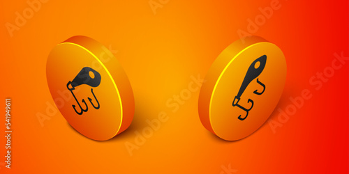 Isometric Fishing lure icon isolated on orange background. Fishing tackle. Orange circle button. Vector