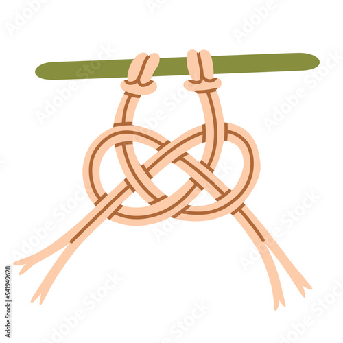 Macrame knot icon, trendy needlework doodle illustration, vector knotting craft, making wall hanging, handmade home decor, isolated colored clipart on white background