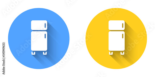 White Refrigerator icon isolated with long shadow background. Fridge freezer refrigerator. Household tech and appliances. Circle button. Vector