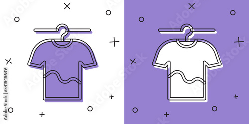 Set Drying clothes icon isolated on white and purple background. Clean shirt. Wash clothes on a rope with clothespins. Clothing care and tidiness. Vector