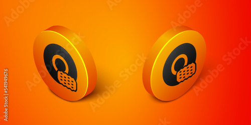 Isometric Washing dishes icon isolated on orange background. Cleaning dishes icon. Dishwasher sign. Clean tableware sign. Orange circle button. Vector