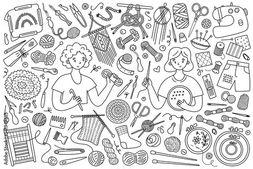 Women creating trendy needlework crafts, collection of needlework tools, icons of yarn, needles, sewing machine, handicraft accessories, large set of handmade doodle items, isolated outline clipart on