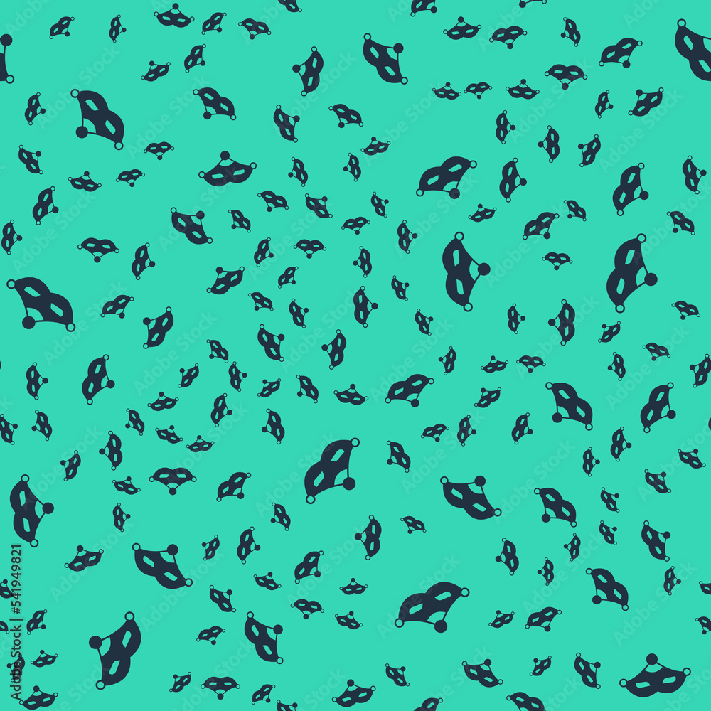 Fototapeta premium Black Carnival mask icon isolated seamless pattern on green background. Masquerade party mask. Vector