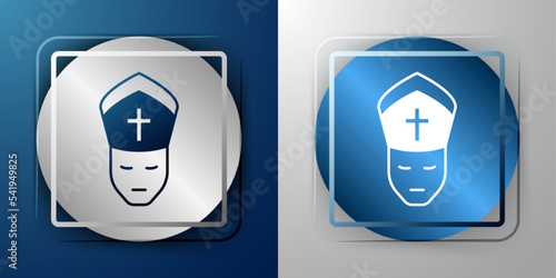 White Pope icon isolated on blue and grey background. Pope hat. Holy father. Silver and blue square button. Vector