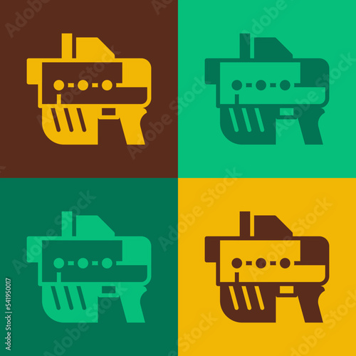 Pop art Futuristic space gun blaster icon isolated on color background. Laser Handgun. Alien Weapon. Vector