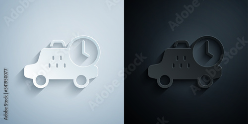 Paper cut Taxi waiting time icon isolated on grey and black background. Car deadline, schedule ride. Paper art style. Vector