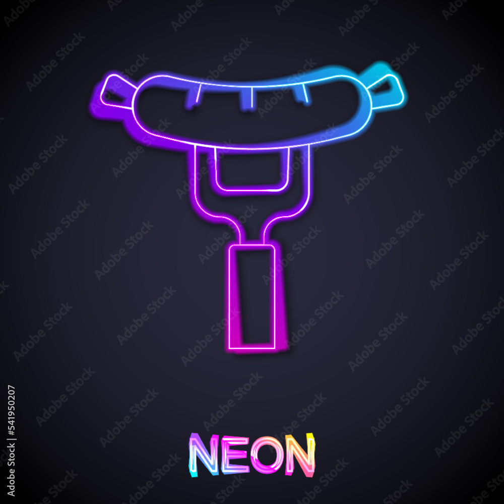 Glowing neon line Sausage on the fork icon isolated on black background. Grilled sausage and aroma sign. Vector Glowing neon line Sausage on the fork icon isolated on black background. Grilled sausage and aroma sign. Vector