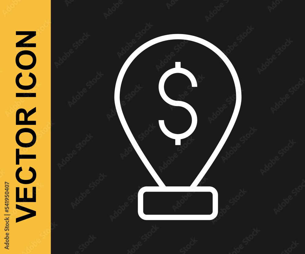 White line Cash location pin icon isolated on black background. Pointer and dollar symbol. Money location. Business and investment concept. Vector White line Cash location pin icon isolated on black background. Pointer and dollar symbol. Money location. Business and investment concept. Vector