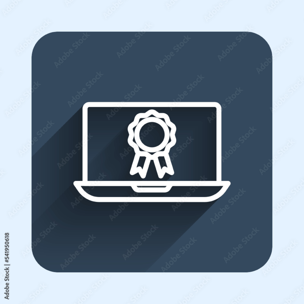White line Online education with diploma icon isolated with long shadow background. Diploma online at home. Webinar and video seminar learning. Blue square button. Vector White line Online education with diploma icon isolated with long shadow background. Diploma online at home. Webinar and video seminar learning. Blue square button. Vector