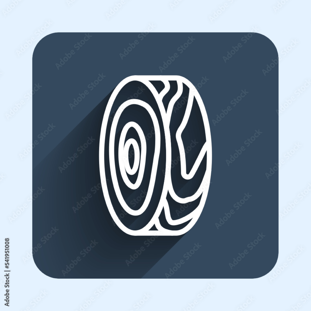 White line Tree rings icon isolated with long shadow background. Wooden cross section. Blue square button. Vector
