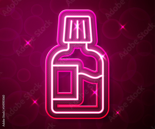 Glowing neon line Mouthwash plastic bottle icon isolated on red background. Liquid for rinsing mouth. Oralcare equipment. Vector