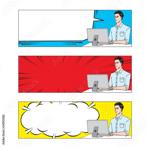 アメコミタッチのパソコンを操作する日本人