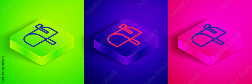 Isometric line Mail box icon isolated on green, blue and pink background. Mailbox icon. Mail postbox on pole with flag. Square button. Vector Isometric line Mail box icon isolated on green, blue and pink background. Mailbox icon. Mail postbox on pole with flag. Square button. Vector