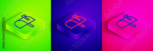 Isometric line Mail box icon isolated on green, blue and pink background. Mailbox icon. Mail postbox on pole with flag. Square button. Vector