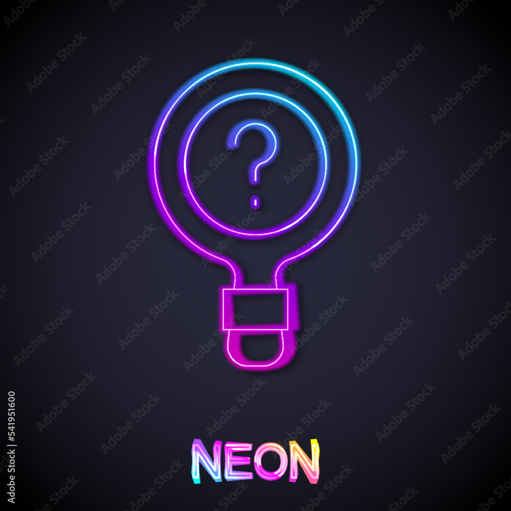 Glowing neon line Unknown search icon isolated on black background. Magnifying glass and question mark. Vector Glowing neon line Unknown search icon isolated on black background. Magnifying glass and question mark. Vector