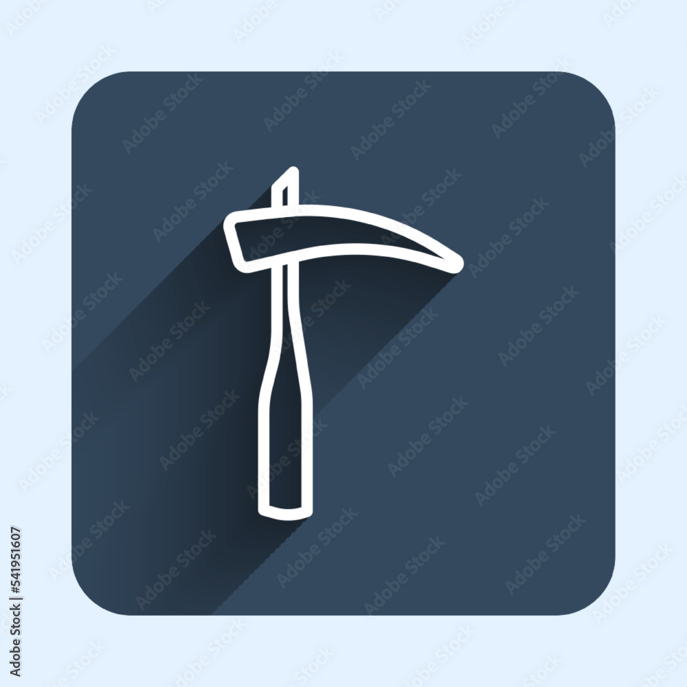 White line Scythe icon isolated with long shadow background. Happy Halloween party. Blue square button. Vector White line Scythe icon isolated with long shadow background. Happy Halloween party. Blue square button. Vector