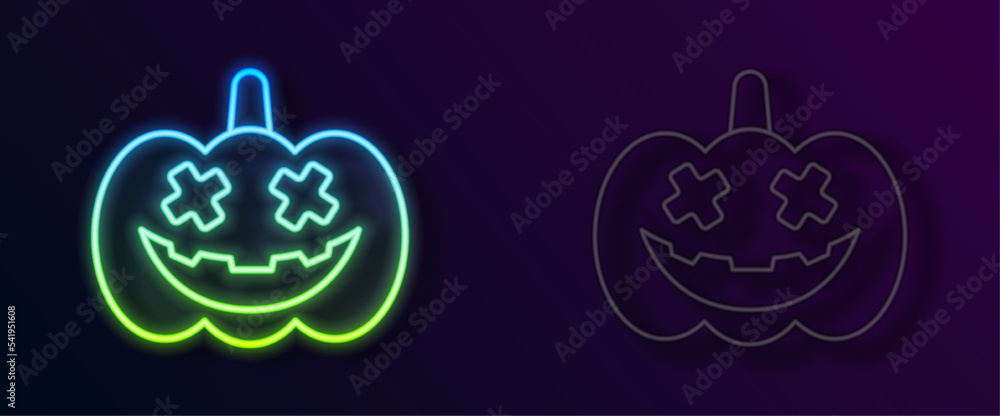 Glowing neon line Pumpkin icon isolated on black background. Happy Halloween party. Vector Glowing neon line Pumpkin icon isolated on black background. Happy Halloween party. Vector