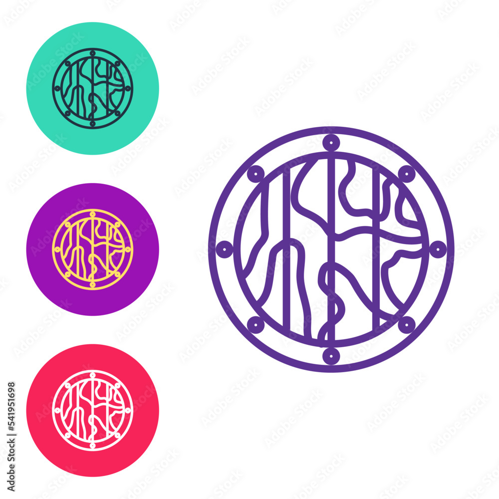 Set line Round wooden shield icon isolated on white background. Security, safety, protection, privacy, guard concept. Set icons colorful. Vector Set line Round wooden shield icon isolated on white background. Security, safety, protection, privacy, guard concept. Set icons colorful. Vector