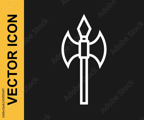White line Medieval axe icon isolated on black background. Battle axe, executioner axe. Medieval weapon. Vector