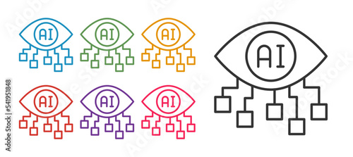 Set line Computer vision icon isolated on white background. Technical vision, eye circuit, video surveillance system, augmented reality systems. Set icons colorful. Vector