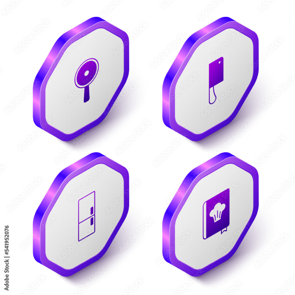 Set Isometric Frying pan, Meat chopper, Refrigerator and Cookbook icon. Purple hexagon button. Vector Set Isometric Frying pan, Meat chopper, Refrigerator and Cookbook icon. Purple hexagon button. Vector