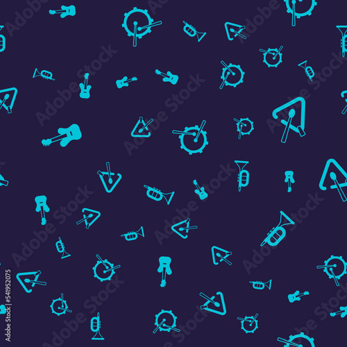 Set Electric bass guitar, Triangle musical instrument, Drum with drum sticks and Trumpet on seamless pattern. Vector