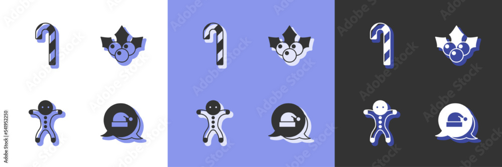 Set Christmas Santa Claus hat, Candy cane with stripes, Holiday gingerbread man cookie and Branch viburnum icon. Vector Set Christmas Santa Claus hat, Candy cane with stripes, Holiday gingerbread man cookie and Branch viburnum icon. Vector