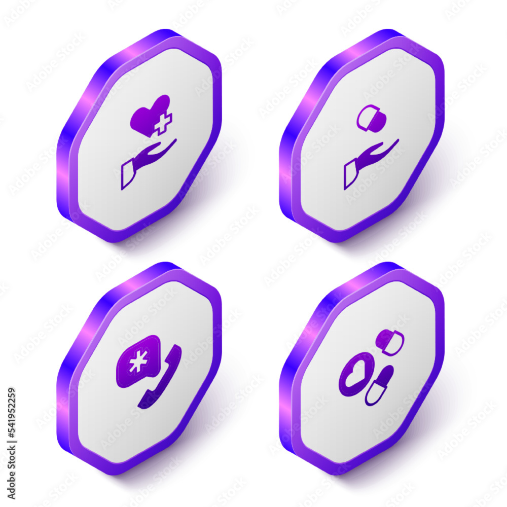 Set Isometric Heart with cross, Medical prescription, Emergency call 911 and Medicine pill or tablet icon. Purple hexagon button. Vector Set Isometric Heart with cross, Medical prescription, Emergency call 911 and Medicine pill or tablet icon. Purple hexagon button. Vector