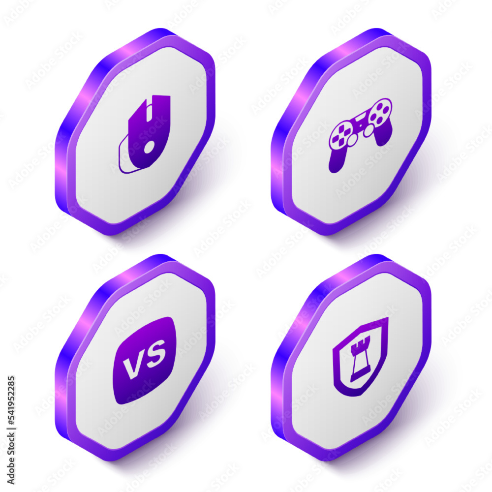 Set Isometric Computer mouse, Game controller or joystick, VS Versus battle and Chess shield icon. Purple hexagon button. Vector Set Isometric Computer mouse, Game controller or joystick, VS Versus battle and Chess shield icon. Purple hexagon button. Vector