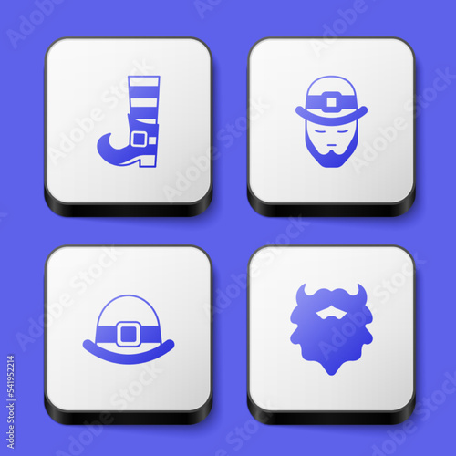 Set Leprechaun boot, hat and Mustache and beard icon. White square button. Vector