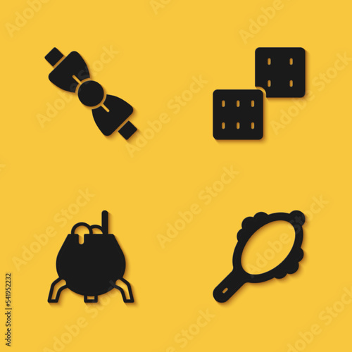 Set Bow tie, Magic hand mirror, Witch cauldron and Game dice icon with long shadow. Vector
