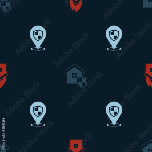 Set Fire in burning house, House with shield and Location on seamless pattern. Vector