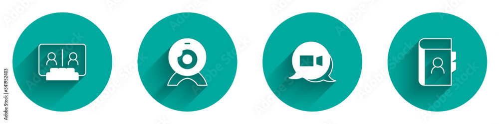 Set Video chat conference, Web camera, and Phone book icon with long shadow. Vector Set Video chat conference, Web camera, and Phone book icon with long shadow. Vector