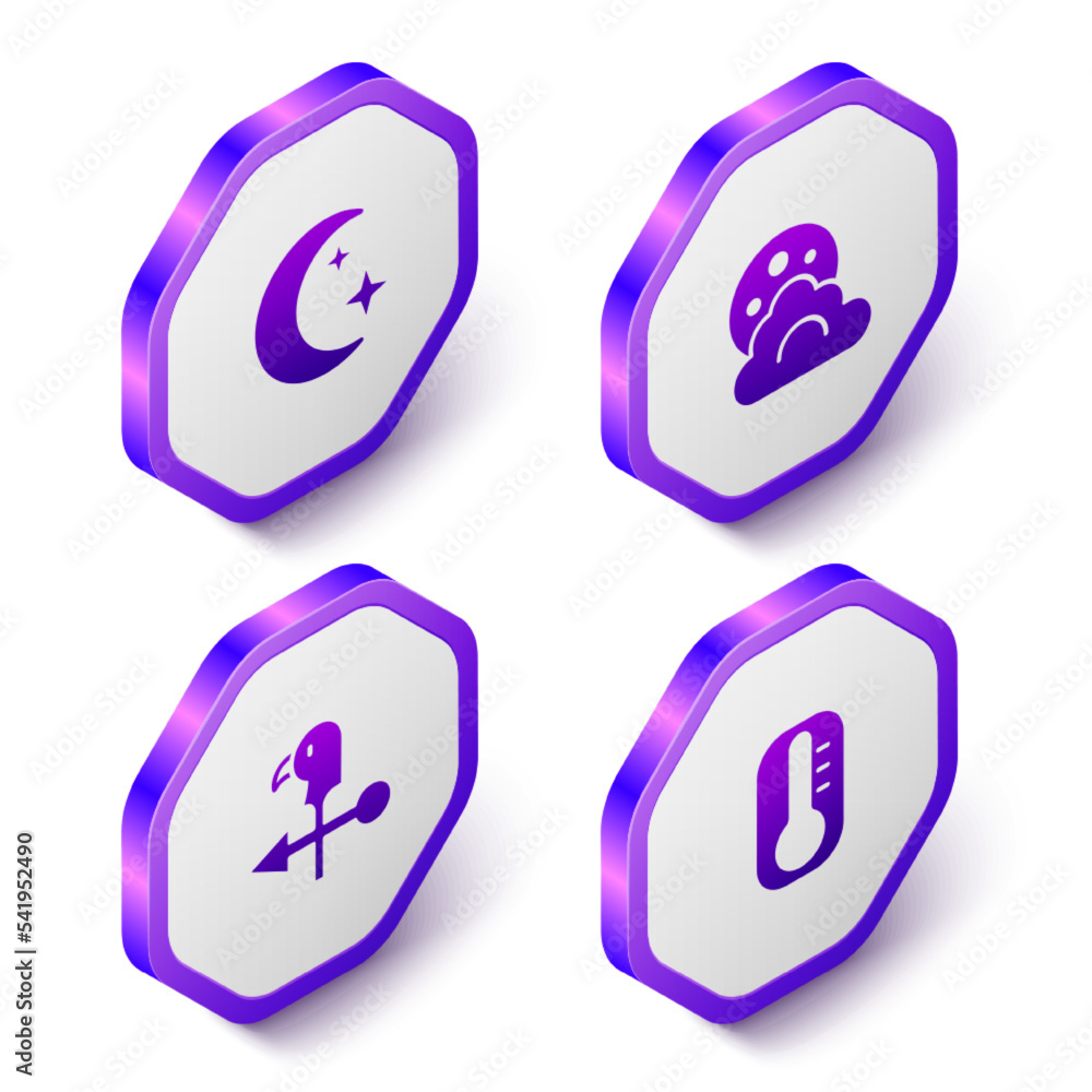 Set Isometric Moon and stars, Cloud with moon, Rooster weather vane and Thermometer icon. Purple hexagon button. Vector Set Isometric Moon and stars, Cloud with moon, Rooster weather vane and Thermometer icon. Purple hexagon button. Vector