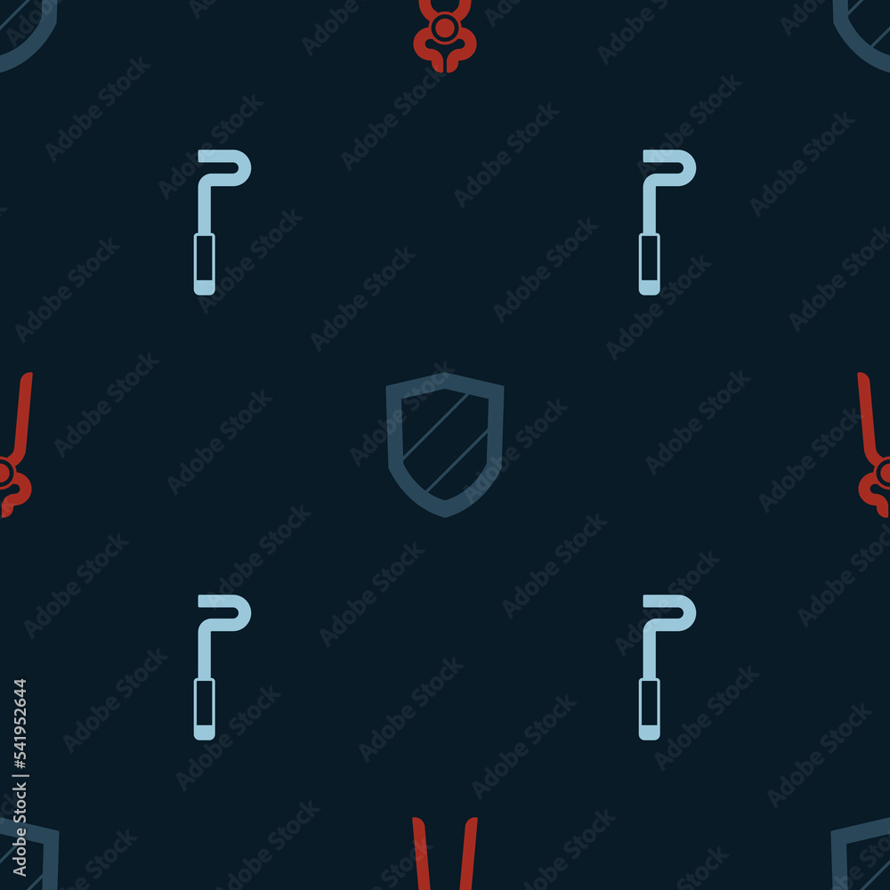 Set Blacksmith pliers tool, Shield and Fire poker on seamless pattern. Vector Set Blacksmith pliers tool, Shield and Fire poker on seamless pattern. Vector