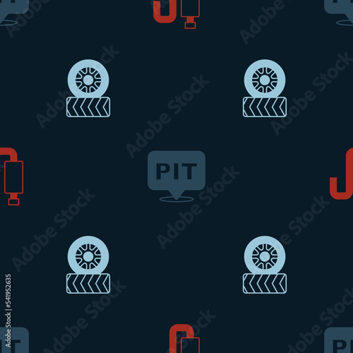 Set Car muffler, Pit stop and tire wheel on seamless pattern. Vector