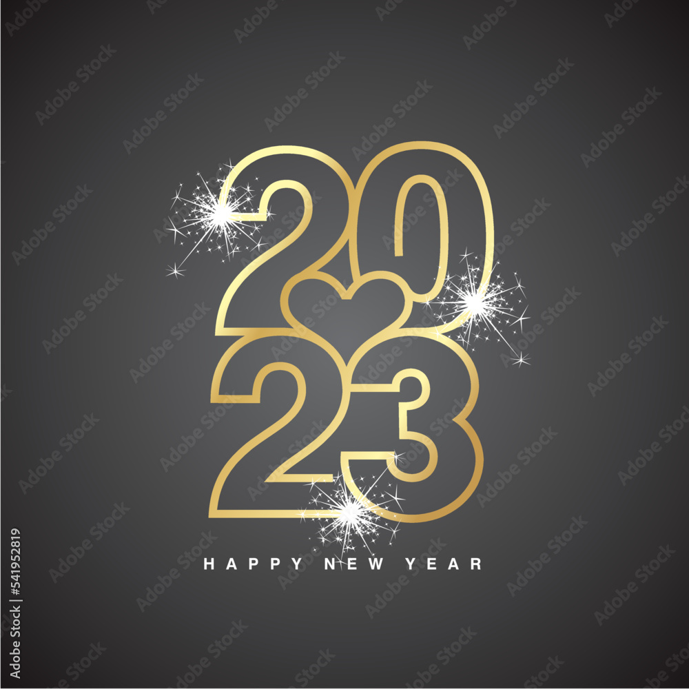 Love 2023 Happy New Year 2023 beautiful golden modern line design typography logo with heart in the midle and sparkler firework black background greeting card