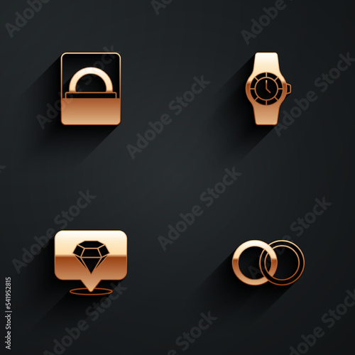 Set Diamond engagement ring in box, Wrist watch, and Wedding rings icon with long shadow. Vector