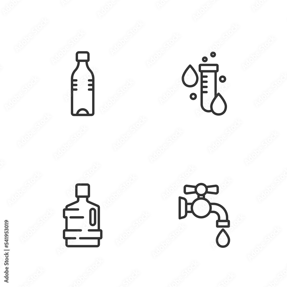 Set line Water tap, Big bottle with clean water, Bottle of and Test tube drop icon. Vector Set line Water tap, Big bottle with clean water, Bottle of and Test tube drop icon. Vector