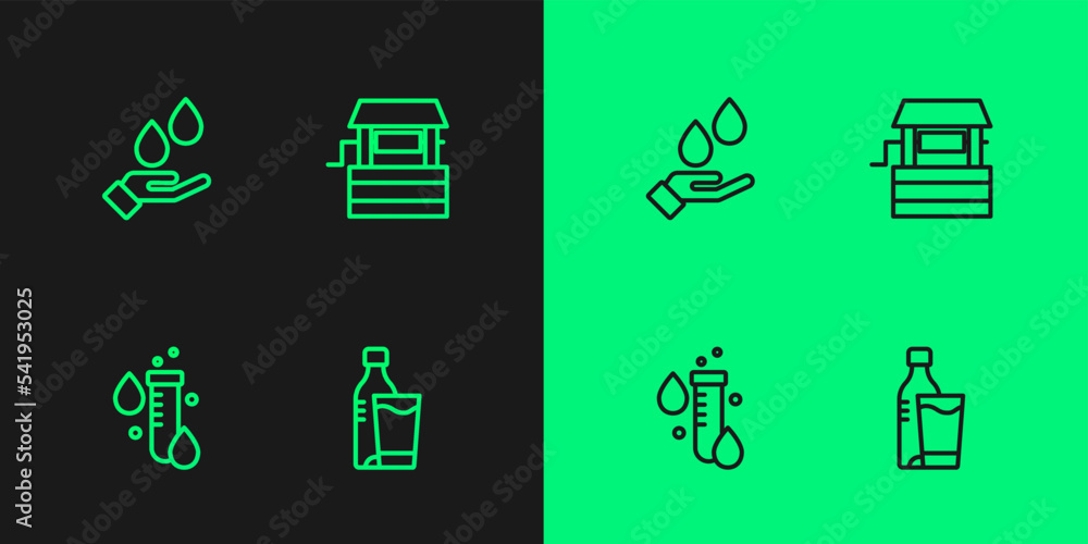 Set line Bottle of water with glass, Test tube drop, Washing hands soap and Well icon. Vector Set line Bottle of water with glass, Test tube drop, Washing hands soap and Well icon. Vector