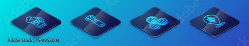 Set Isometric line Wooden barrel, Glass of beer, Wheat and Bottle opener icon. Vector