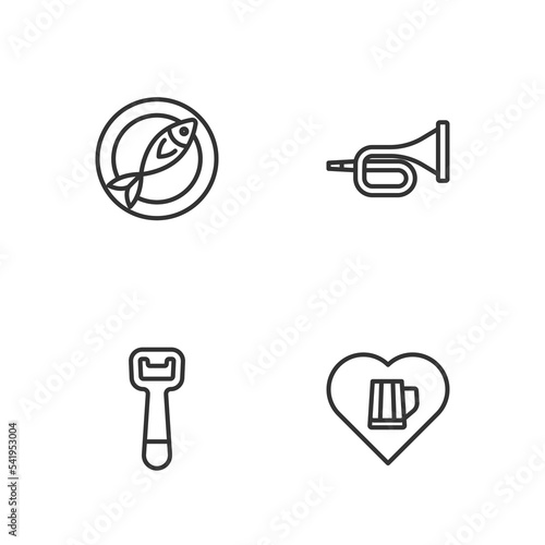 Set line Heart with glass of beer, Bottle opener, Dried fish and Trumpet icon. Vector